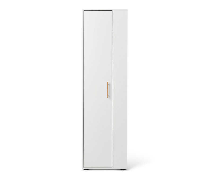 Biała szafa uniwersalna z bocznym schowkiem.