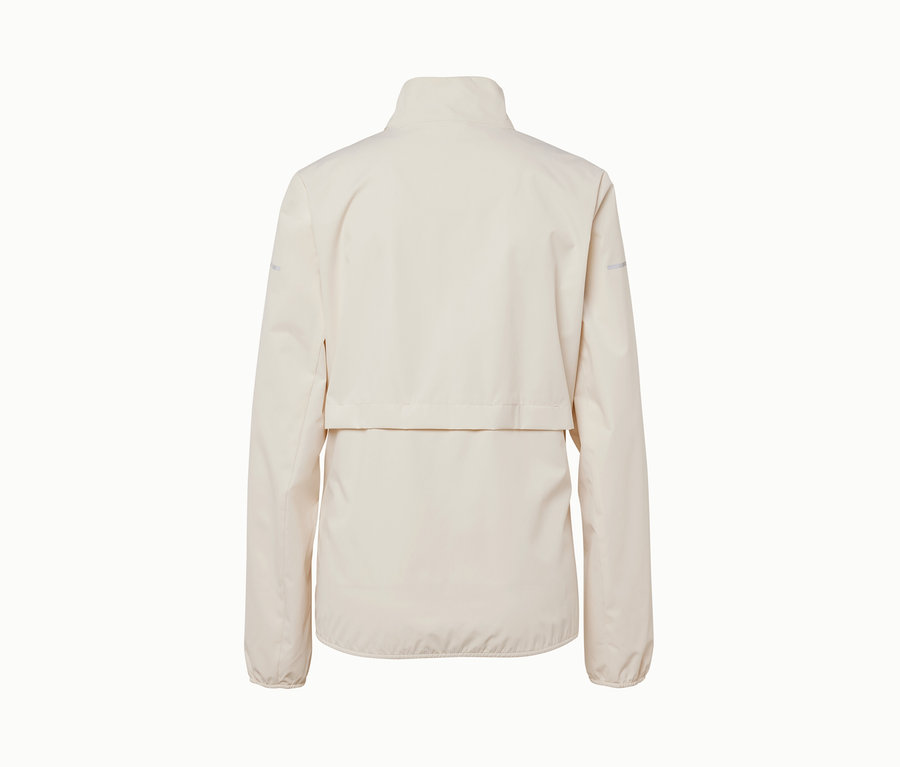 Kremowa wiatroszczelna kurtka do biegania, widok z tyłu.