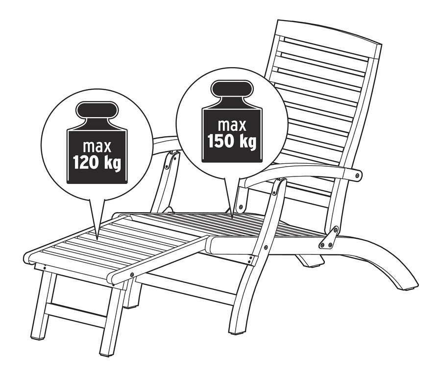 Ilustracja drewnianego leżaka z wysuwanym podnóżkiem, maksymalne obciążenie 150 kg, podnóżek maksymalne obciążenie 120 kg.