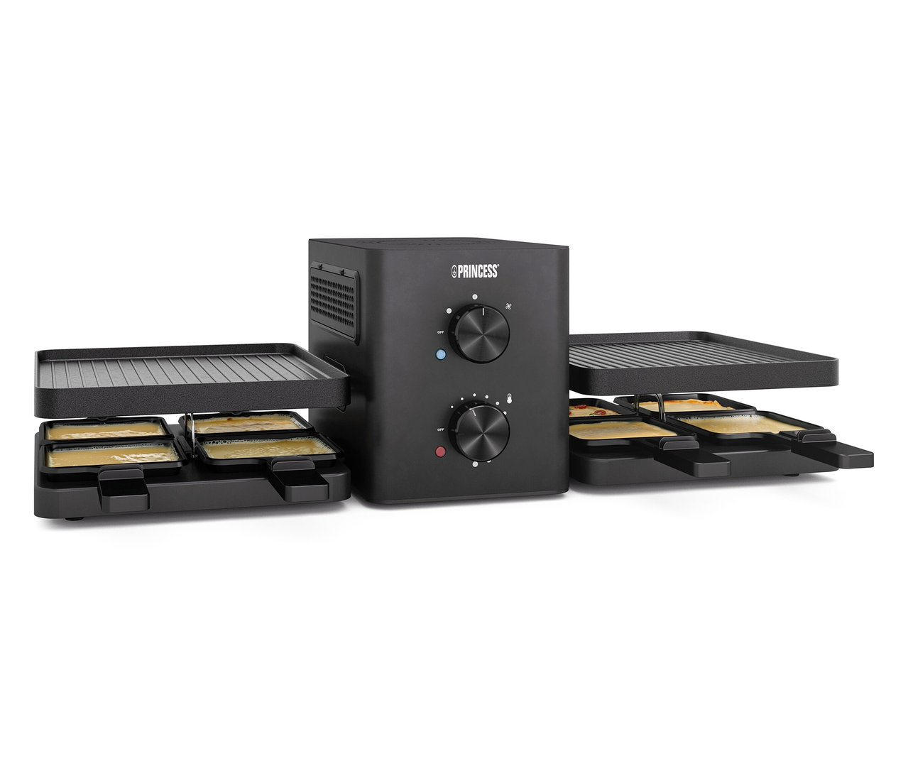 Czarny grill do raclette z ośmioma patelniami i dwoma powierzchniami grillowymi.