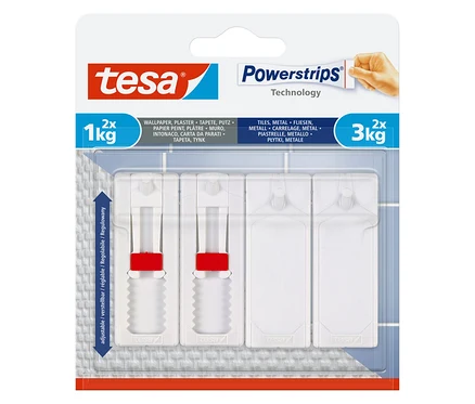 Opakowanie zawiera dwa haczyki Powerstrips o udźwigu 1 kg i dwa paski Powerstrips o udźwigu 3 kg.