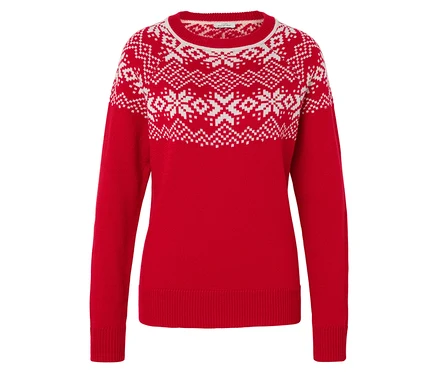 Czerwony sweter z białymi płatkami śniegu.