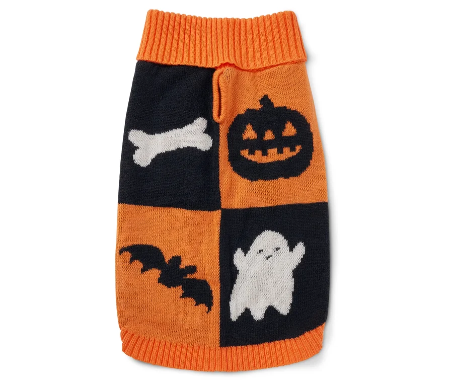 Sweter dla psa z motywami Halloween. Pomarańczowo-czarny sweter ma motywy ducha, nietoperza, dyni i kości.