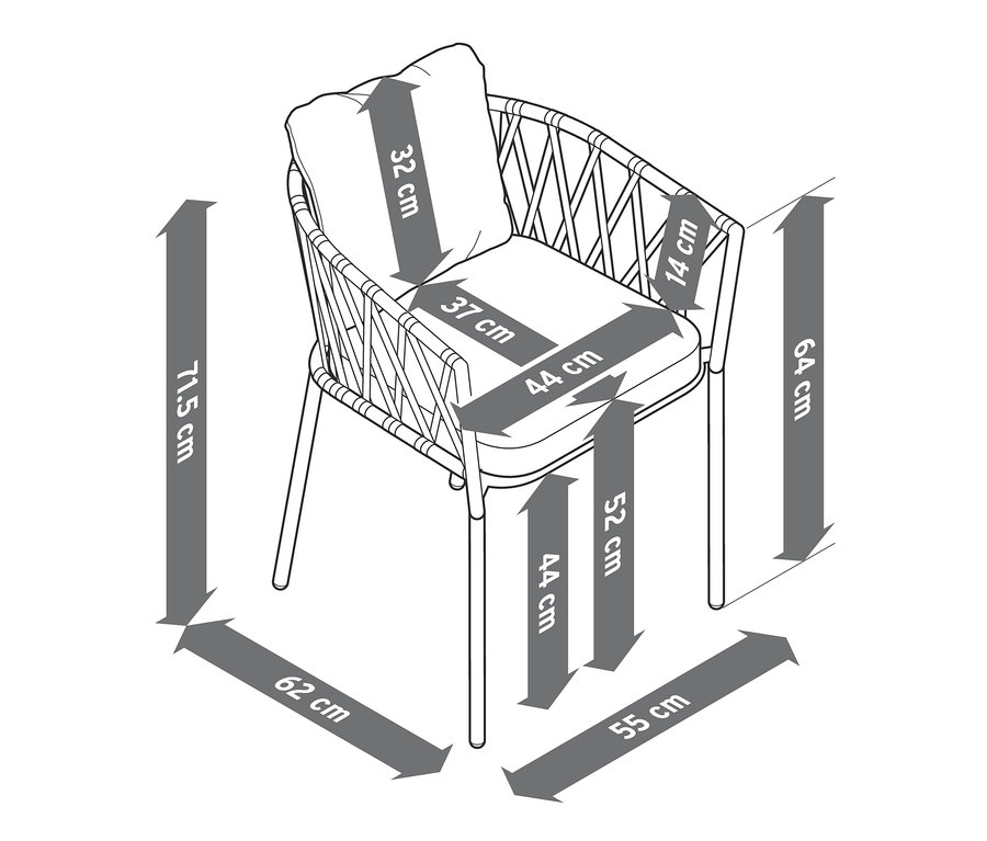 Wymiary fotela do jadalni z plecionką tekstylną (2 sztuki) są wskazane za pomocą strzałek.