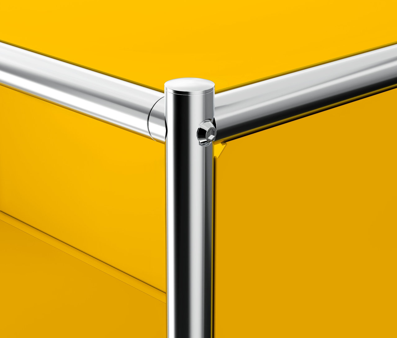 Szczegółowy widok na żółty kontener na kółkach „CN3” z 3 szufladami.