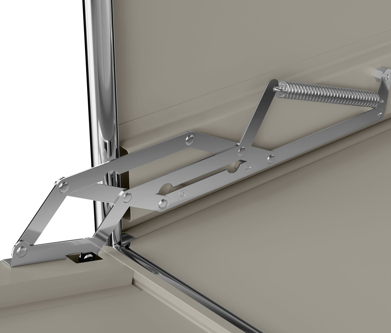 Szczegół mechanizmu klapy jasnoszarej metalowej szafki typu sideboard „CN3” z 1 klapą.