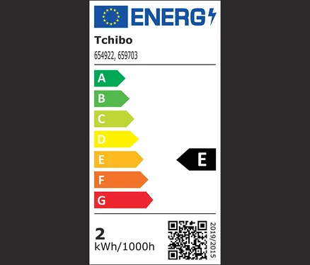 Etykieta energetyczna z klasami od A do G, gdzie produkt znajduje się w klasie E.