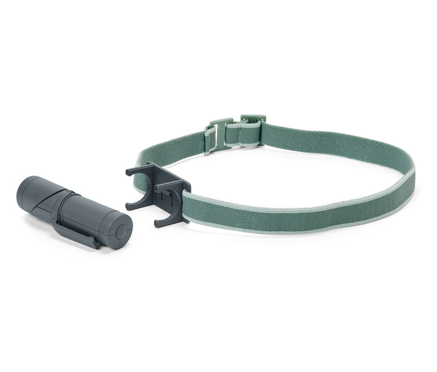 Szary 2-w-1 wielofunkcyjny reflektor LED z elastyczną, zieloną opaską.