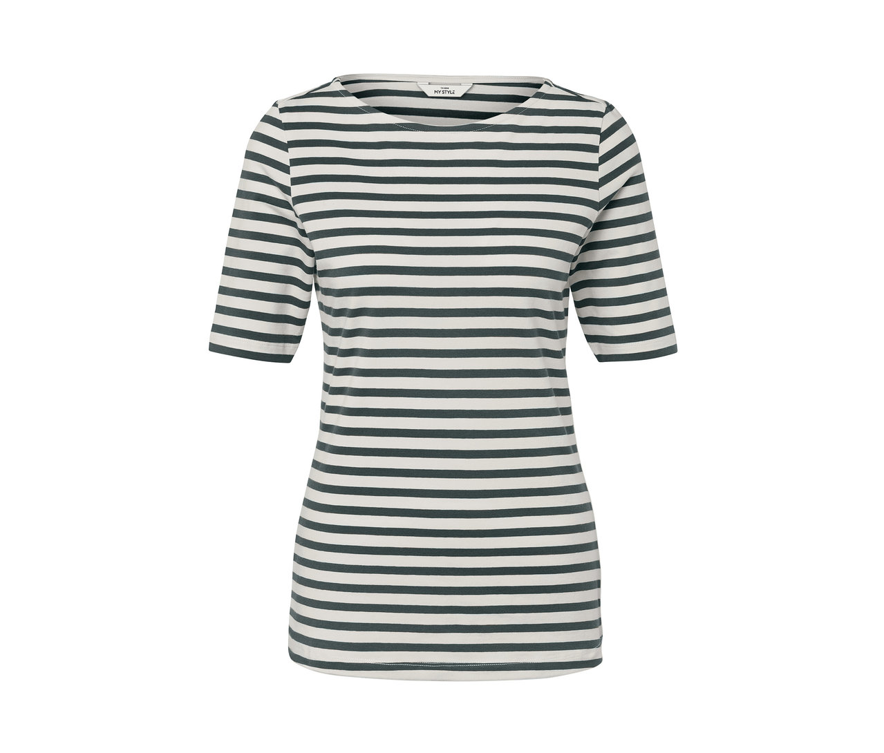 Koszulka w zielone paski z krótkim rękawem.