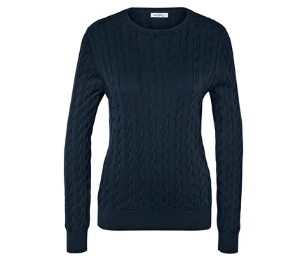 Granatowy sweter z dzianiny w warkocze z długimi rękawami.