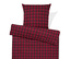 Czerwona pościel w kratę z poduszką.