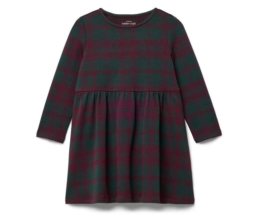 Sukienka w kratę z długim rękawem w odcieniach zieleni i bordo.