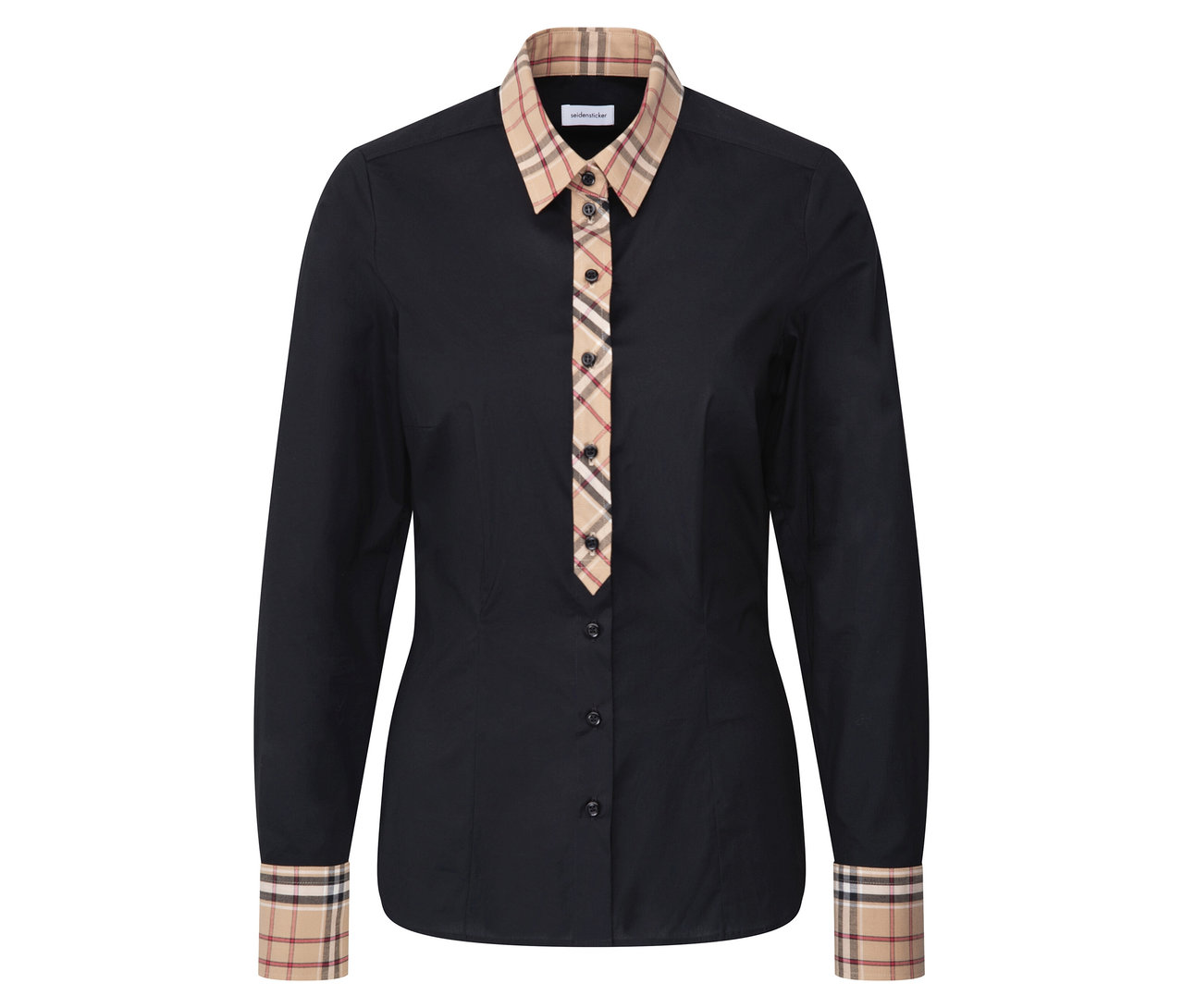 Czarna koszula z długim rękawem, z kołnierzykiem i mankietami w kratę.