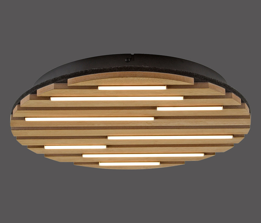 Owalna lampa sufitowa z drewnianymi listwami i zintegrowanymi świetlówkami.