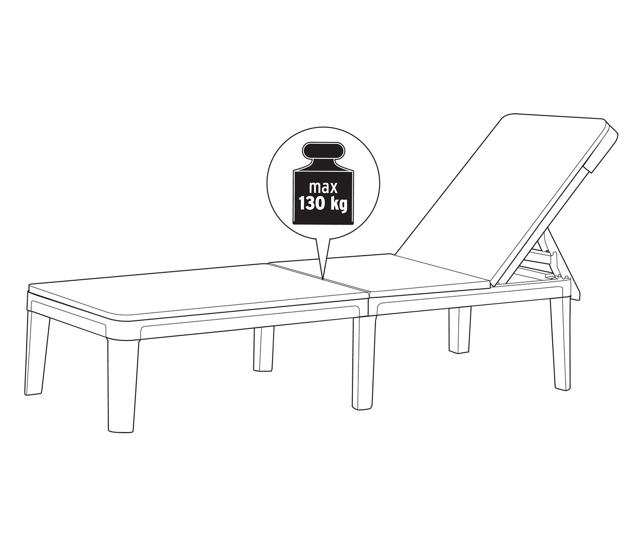 Szkic leżaka z maksymalnym obciążeniem 130 kg.
