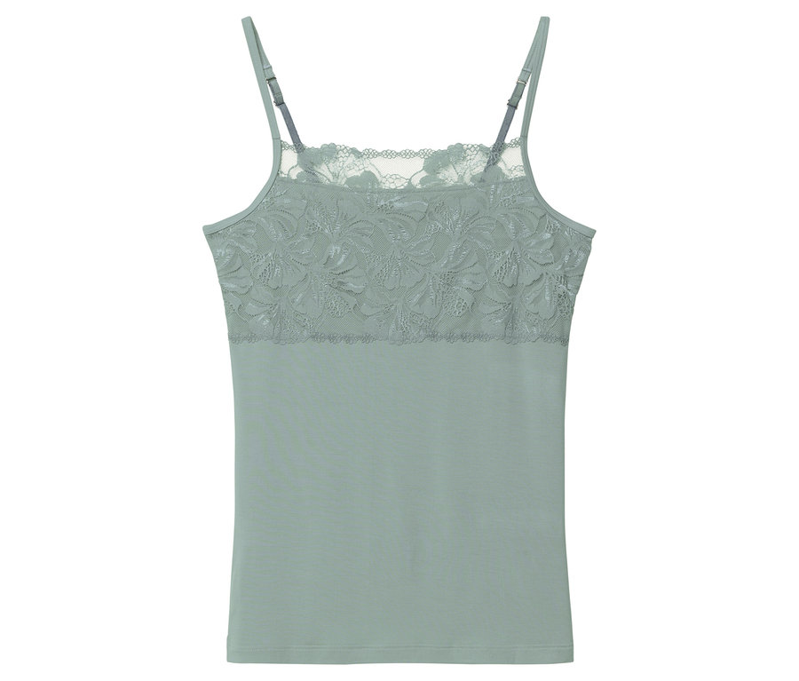 Jasnozielony top na ramiączkach z koronkowymi detalami przy dekolcie i regulowanymi ramiączkami.