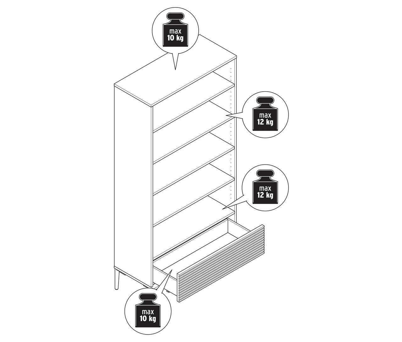 Ilustracja regału „REET” z otwartą półką i szufladą. Podane informacje o wadze.