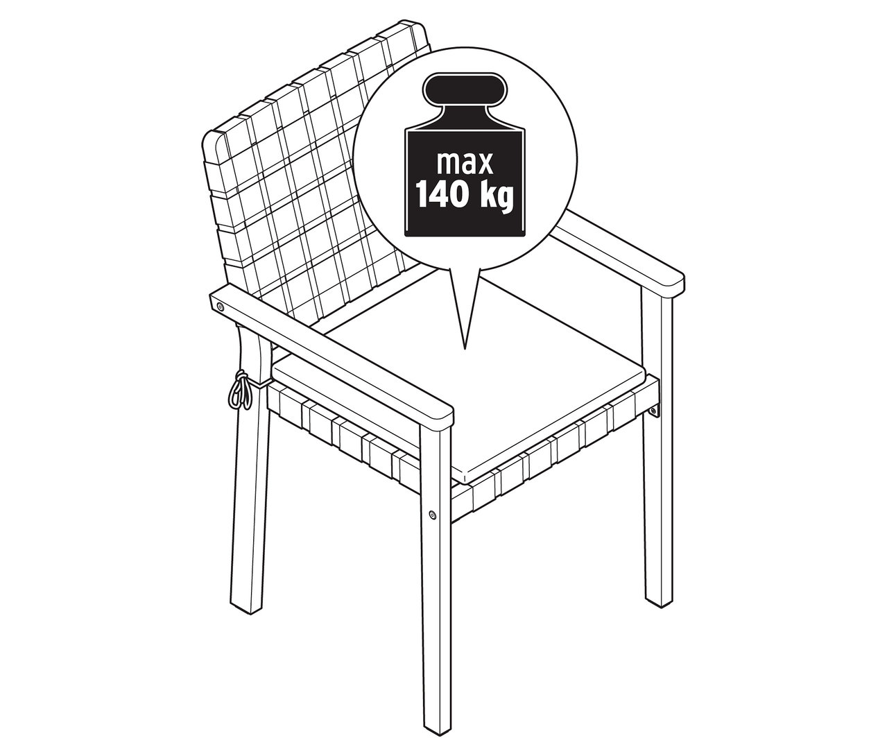 Ilustracja przedstawia krzesło ogrodowe ze sznurkami, które może unieść ciężar do 140 kg.