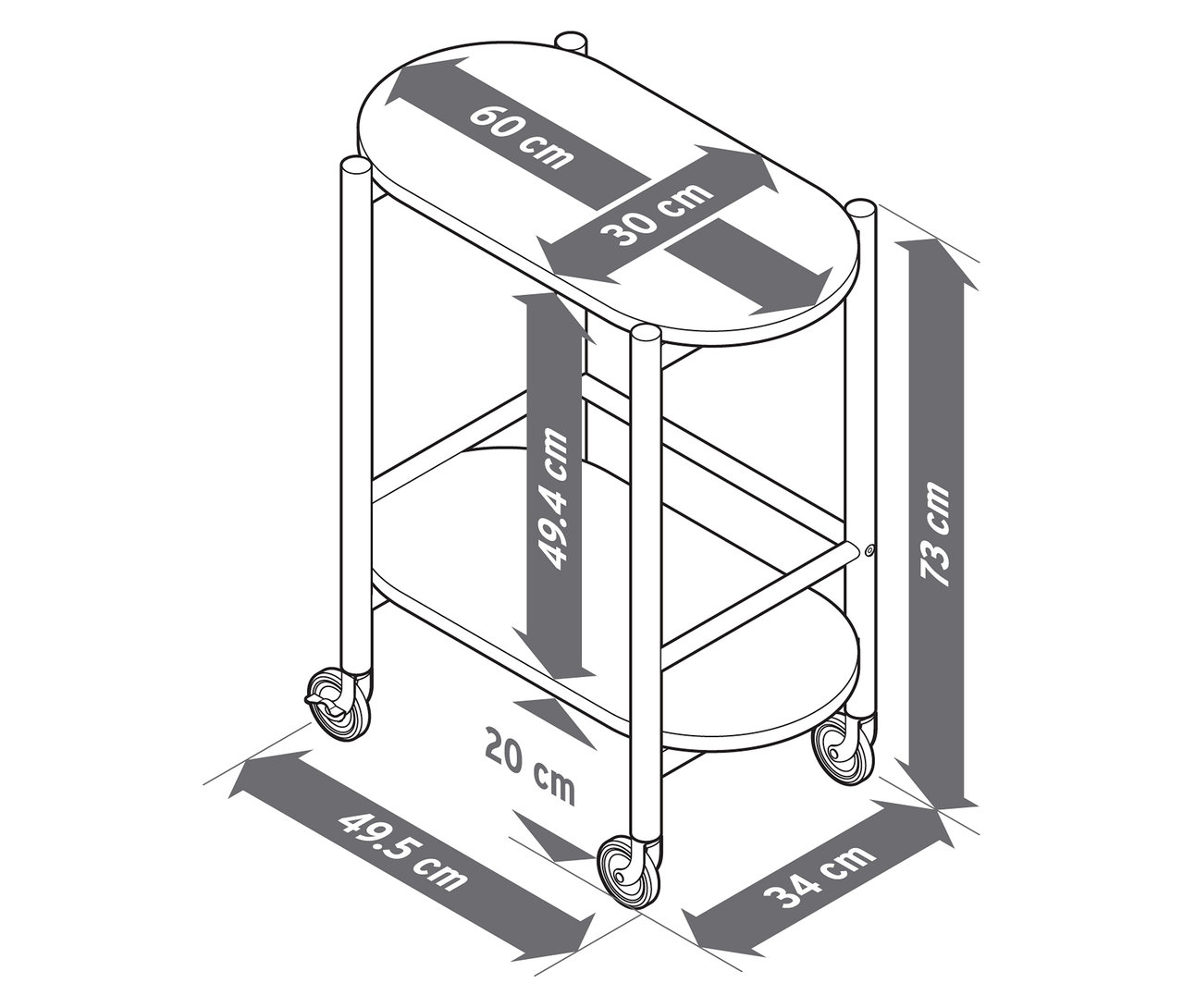 Ilustracja wózka barowego z litego drewna z 2 półkami i wymiarami.