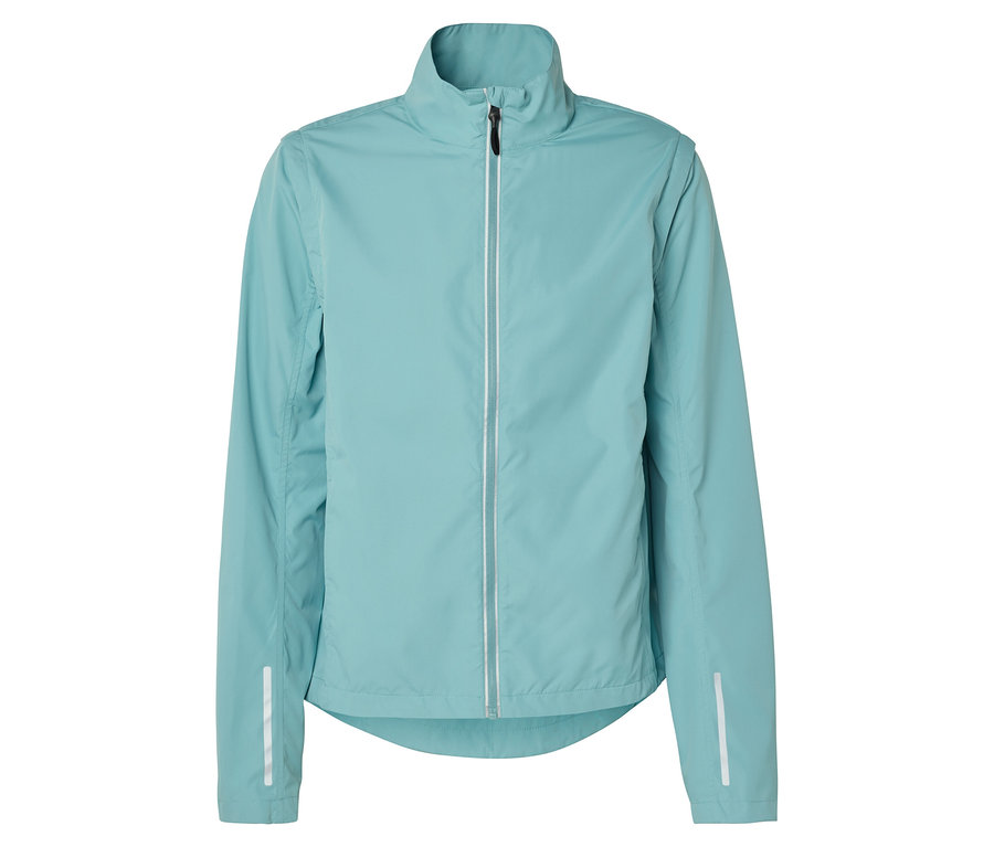 Jasna, niebieska kurtka do biegania z długim rękawem i zamkiem błyskawicznym z przodu, na białym tle.