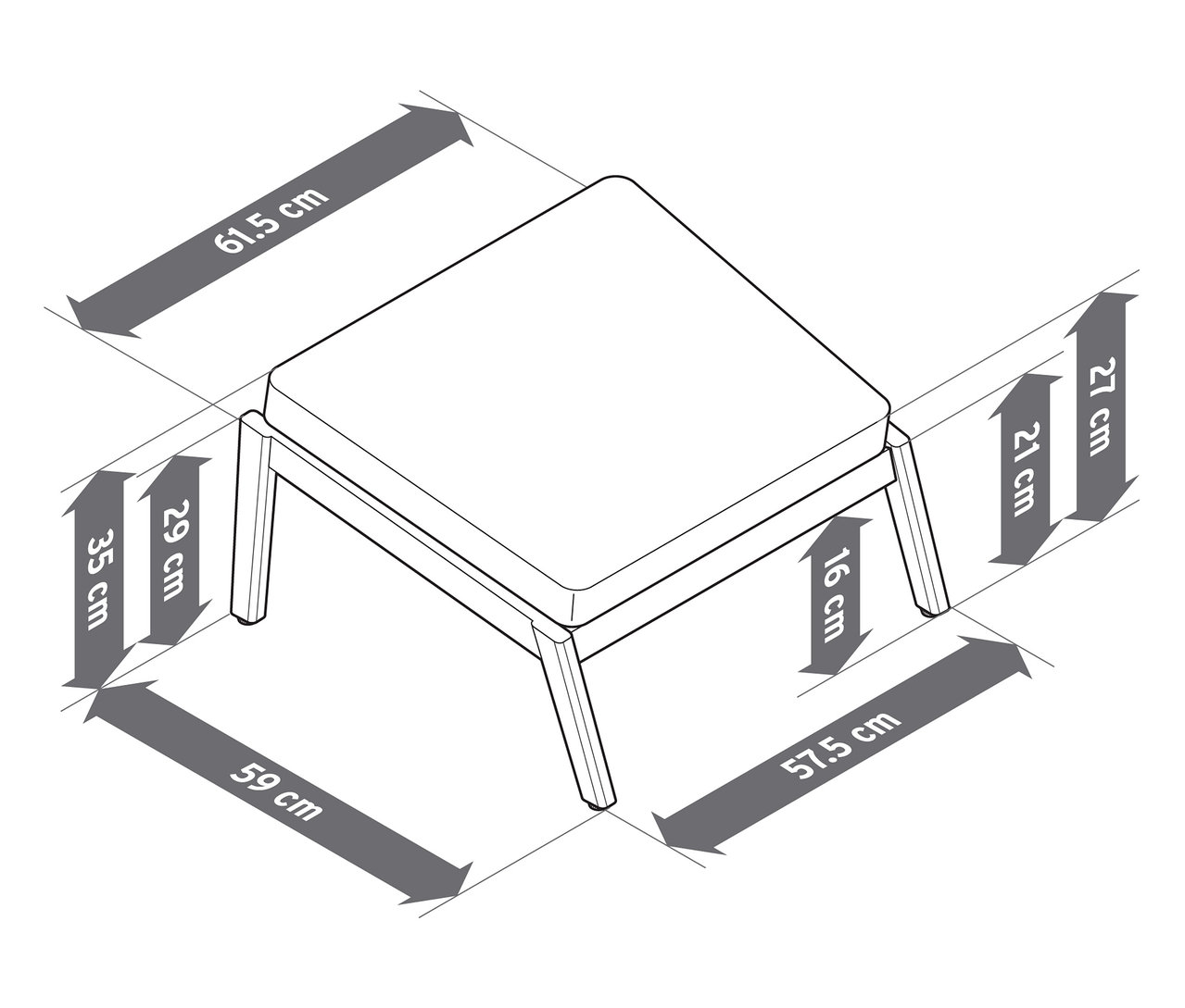 Ilustracja komfortowego krzesła ogrodowego z wysokim oparciem i podnóżkiem wraz z wymiarami.