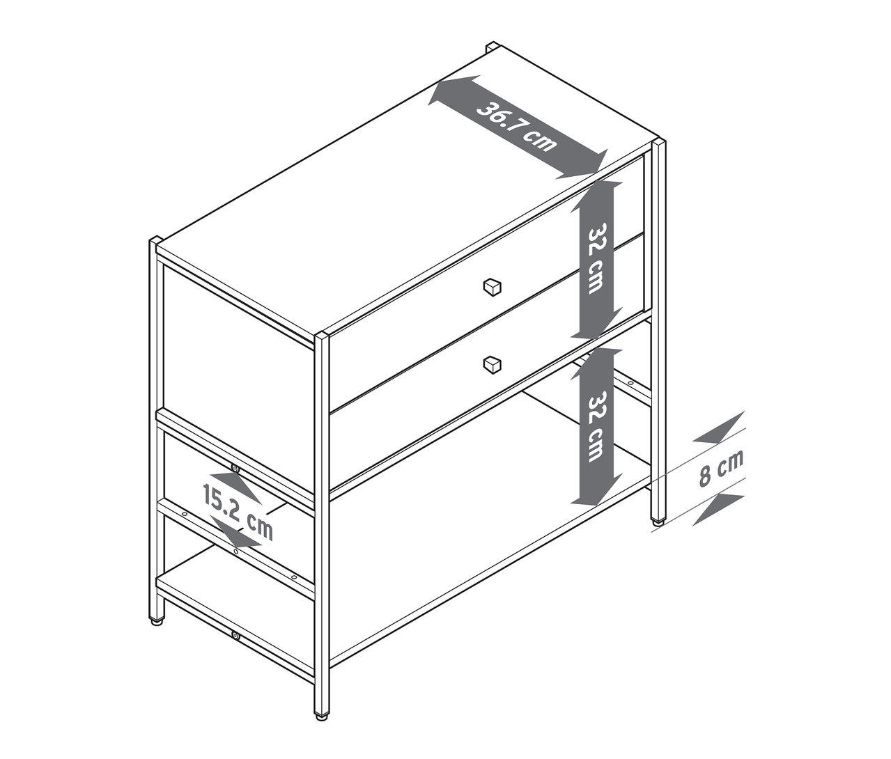 Widok z góry na komodę „GRADE” z dwiema szufladami i wymiarami 36,7 cm szerokości, 32 cm wysokości szuflad, 15,2 cm wysokości półki i 8 cm wysokości nóg.