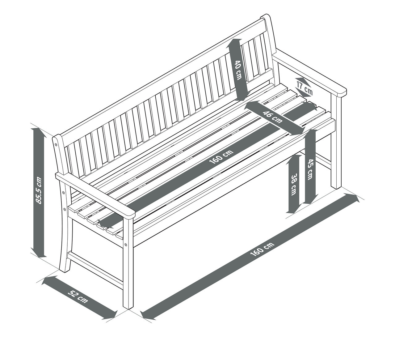 Widok z góry na klasyczną ławkę ogrodową z drewna tekowego (ok. 160 cm) z wymiarami.