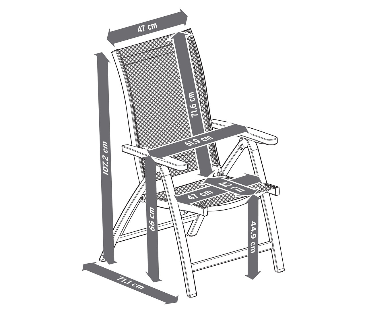 Ilustracja przedstawia krzesło z wysokim oparciem "Liska" z regulowanym oparciem, z podanymi wymiarami.