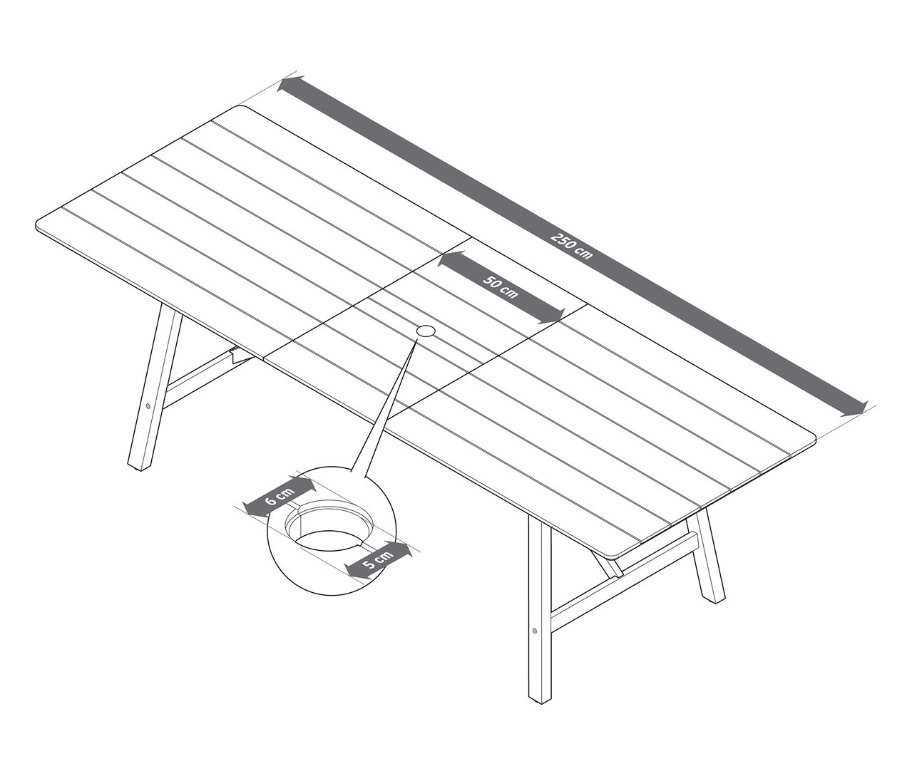 Widok z góry na rozkładany stół ogrodowy z rustykalnym stelażem, ok. 200-250 cm, z wymiarami.