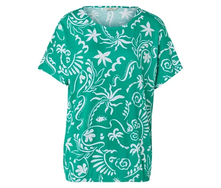 Zielony T-shirt z białym tropikalnym wzorem.