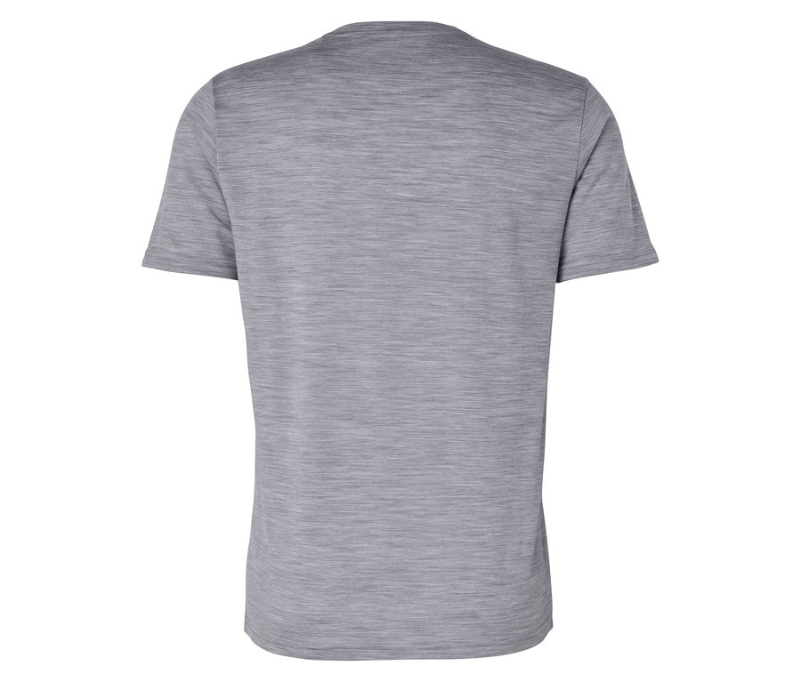 Widok z tyłu szarego t-shirtu.