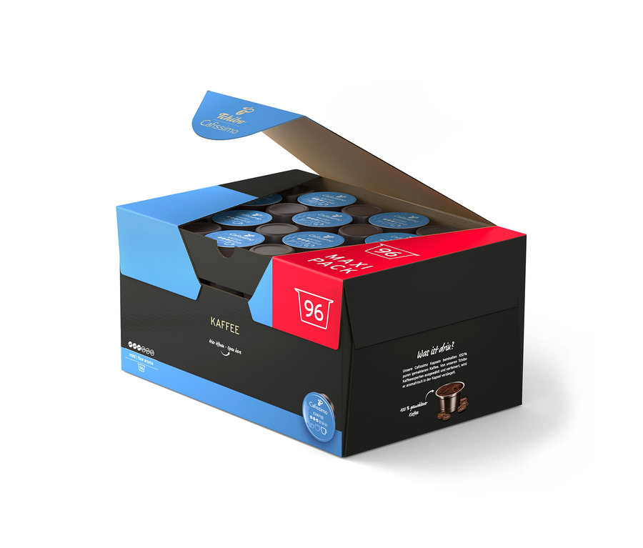 Otwarte czarne opakowanie Tchibo Cafissimo Maxi Pack z 96 kapsułkami kawy Fine Aroma w kolorze niebiesko-brązowym.