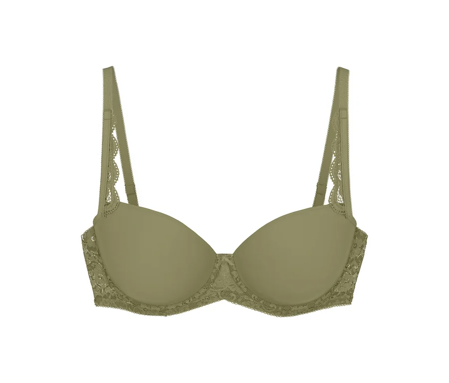 Biustonosz Triumph Amourette WP w kolorze olive gold z koronkowymi detalami na ramiączkach i po bokach.