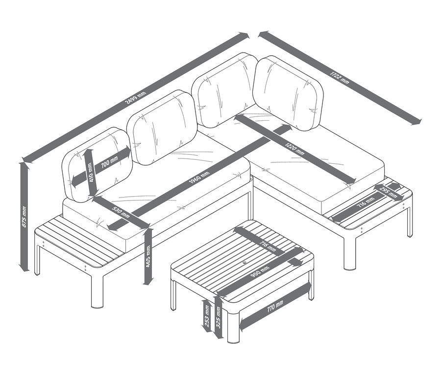 Rysunek modułowego zestawu mebli ogrodowych z wymiarami.