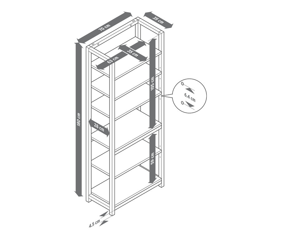 Schemat przedstawiający wymiary regału na książki z ramą jesionową.