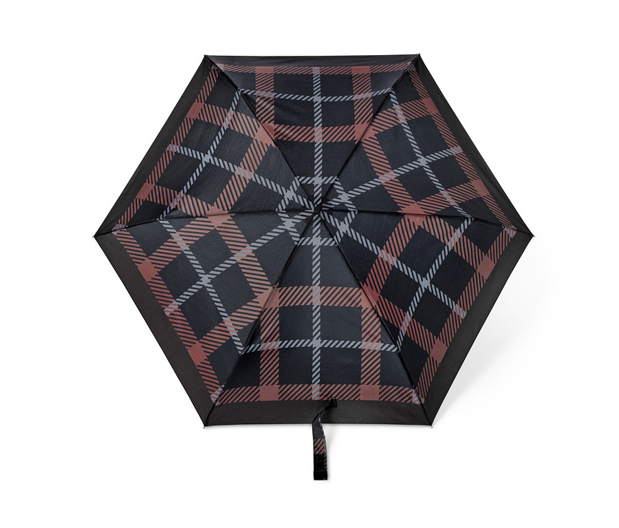 Parasol kieszonkowy w brązową, czarną i szarą kratę.