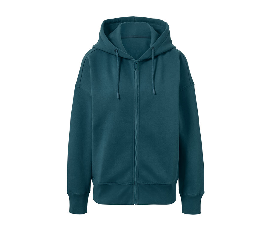 Ciemna szmaragdowozielona bluza dresowa z kapturem i zamkiem błyskawicznym.