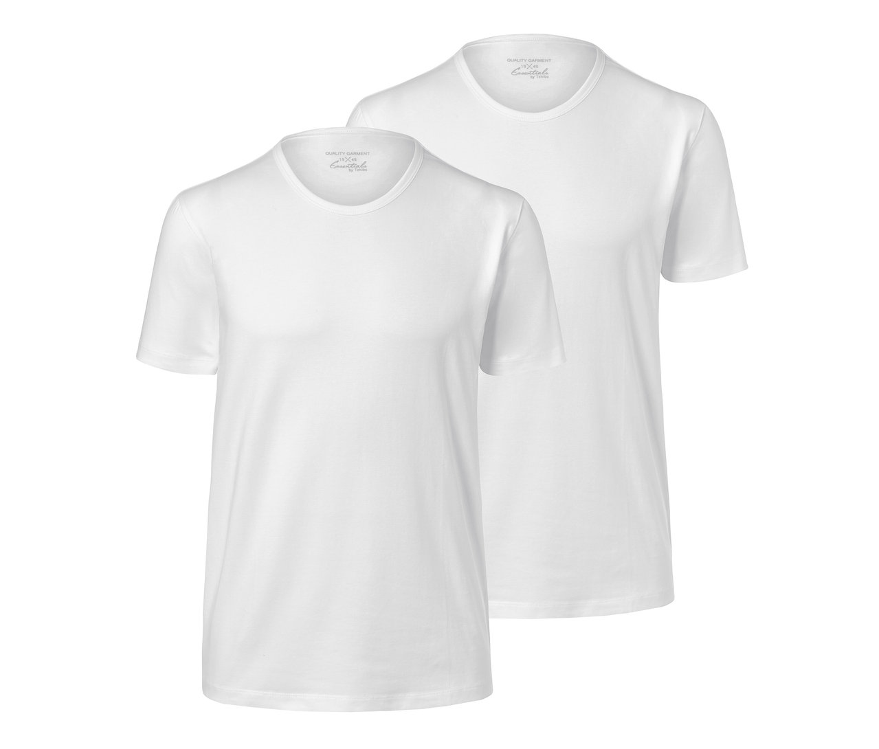 Dwa białe dżersejowe podkoszulki z krótkim rękawem.