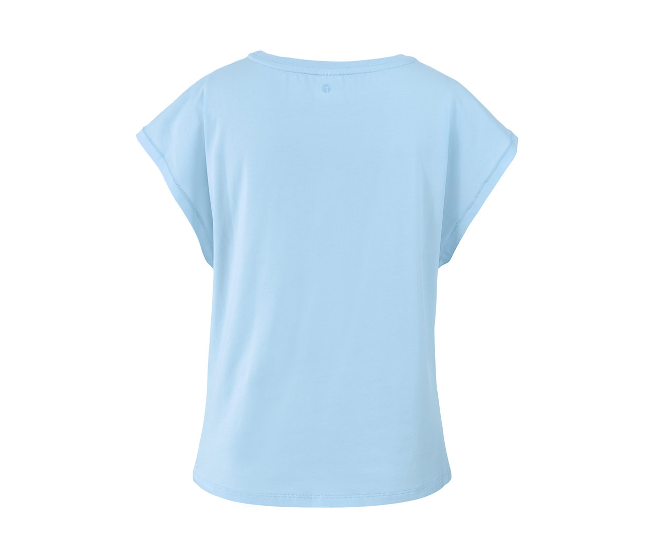 Widok z tyłu jasnoniebieskiej koszulki sportowej.