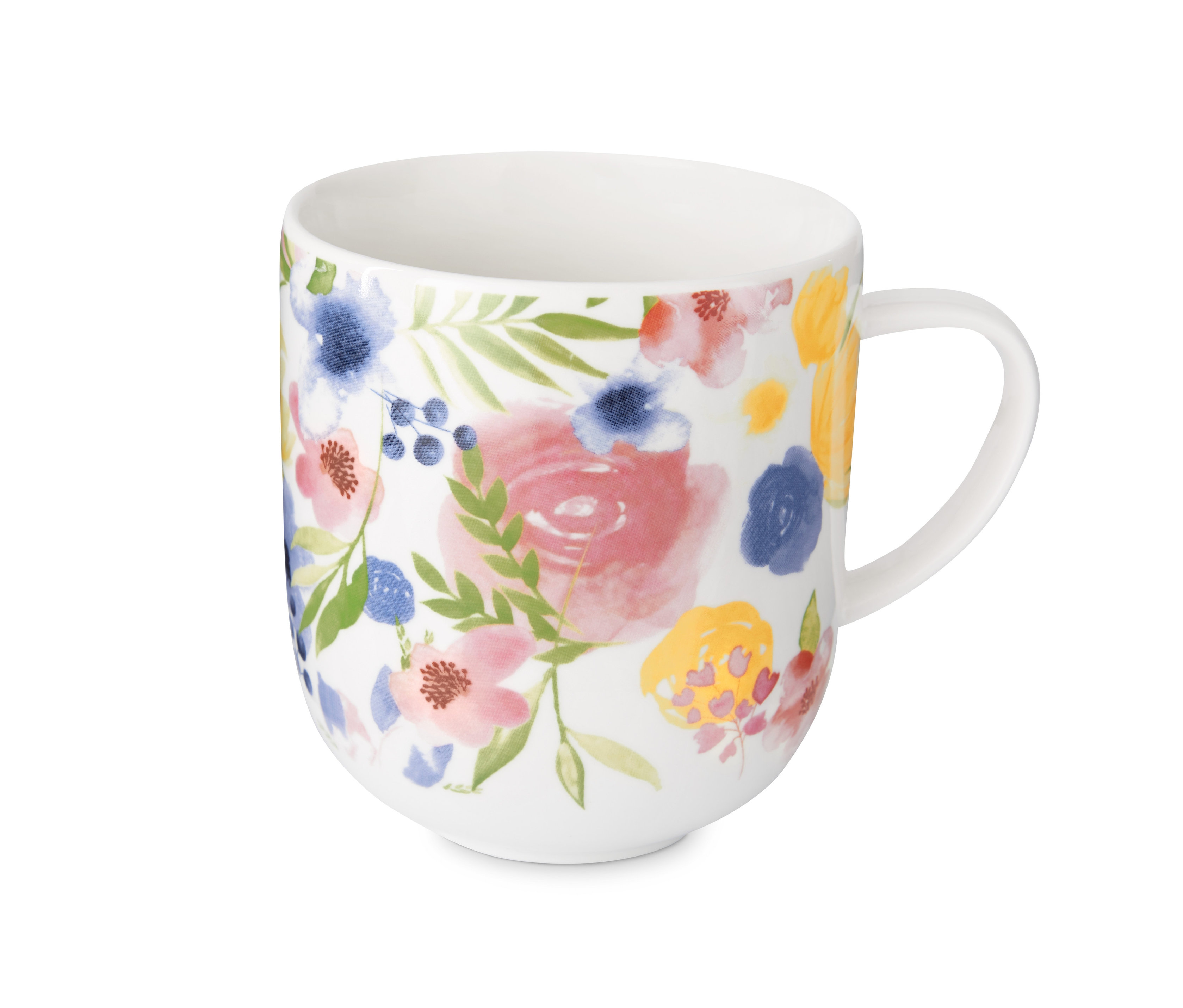 Biały kubek jumbo z kwiatowym wzorem.