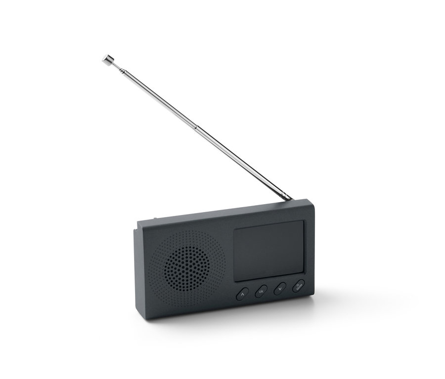 Czarne przenośne radio DAB/FM z Bluetooth i wysuniętą anteną.