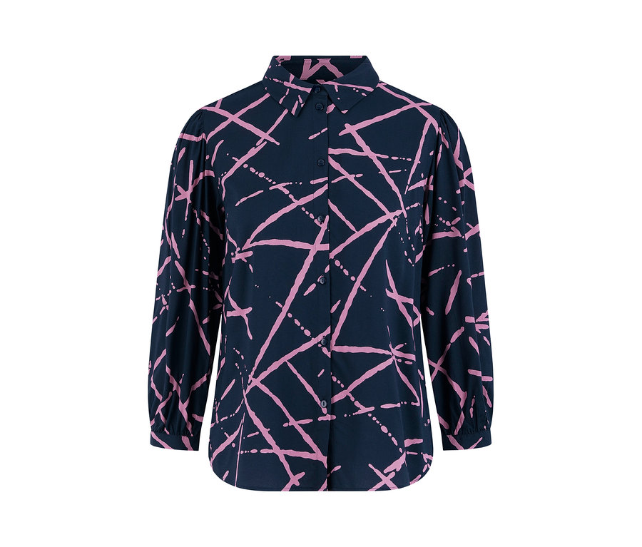Granatowa bluzka koszulowa z różowym geometrycznym wzorem.