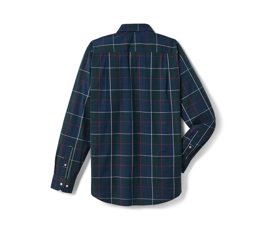 Widok z tyłu koszuli w kratę w odcieniach granatu, zieleni i czerwieni.