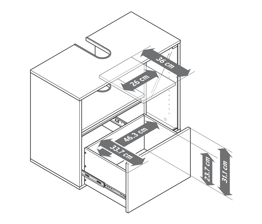 Schemat szafki pod umywalkę z wymiarami.