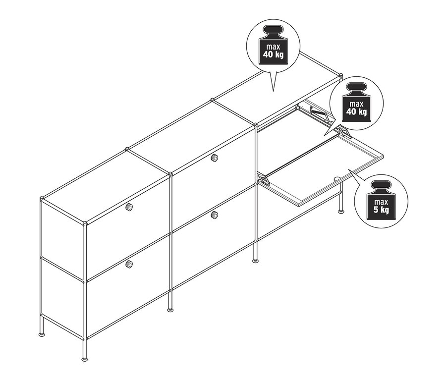 Szkic szafki typu sideboard »CN3« z 6 klapami, niektóre z nich są otwarte.