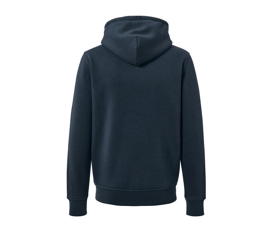 Granatowa bluza z kapturem widziana z tyłu.