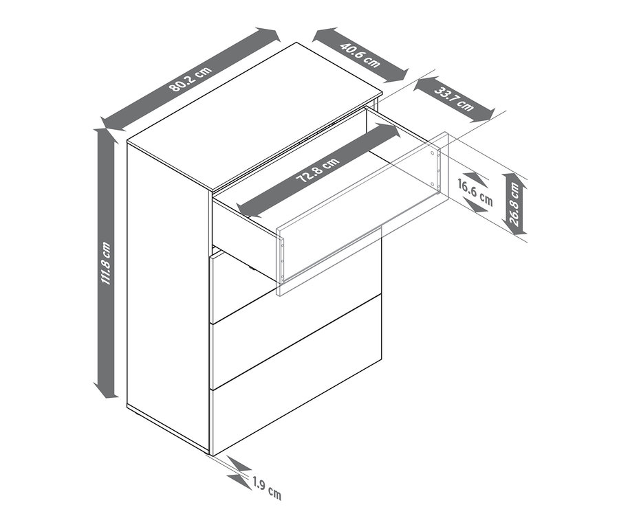 Schemat komody z szufladami z zaznaczonymi wymiarami.