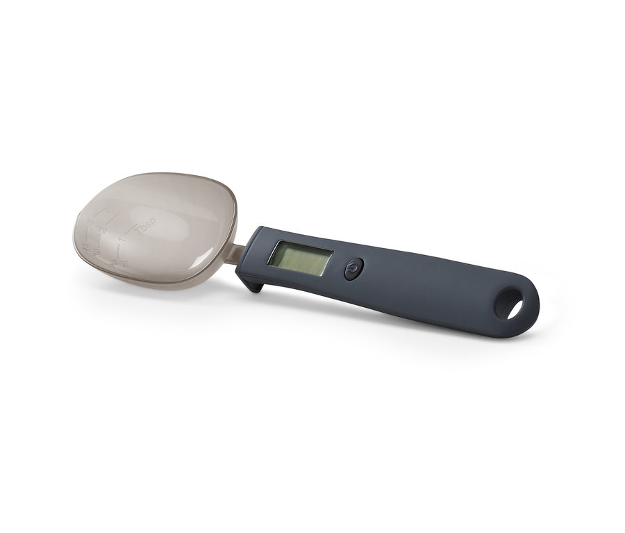 Cyfrowa waga łyżkowa z szarym uchwytem i przezroczystą łyżką.