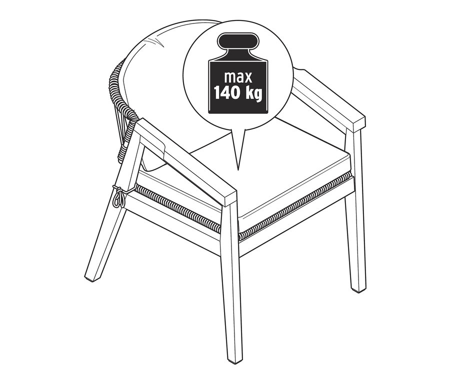 Rysunek fotela z okrągłym oparciem i plecionką tekstylną, maksymalne obciążenie 140 kg.