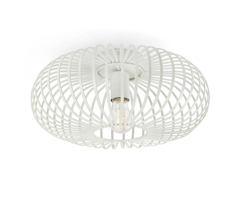 Metalowa lampa ścienna lub sufitowa w kolorze białym z żarówką.